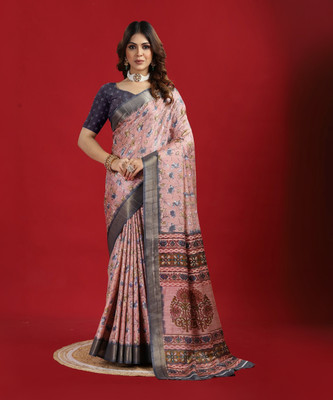 AVM SILK MILLS Floral Print Bollywood Cotton Blend Saree(Pink)