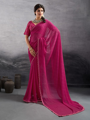 LeeliPeeri Designer Self Design Leheria Georgette Saree(Pink)