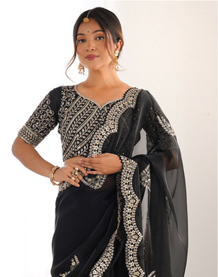Samah Embroidered Bollywood Organza Saree(Black)