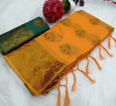 iZibra Woven Kanjivaram Pure Silk, Cotton Silk Saree(Pack of 2, Orange, Green)