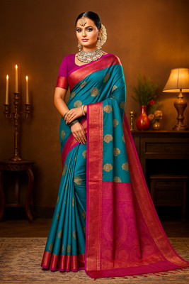 banalata fashion Printed Banarasi Georgette Saree(Blue, Red)