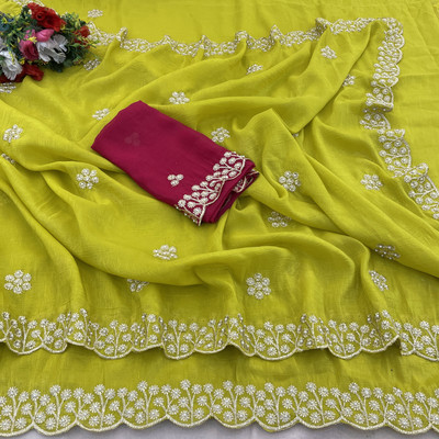saanvi Solid/Plain, Self Design Bollywood Georgette Saree(Yellow)