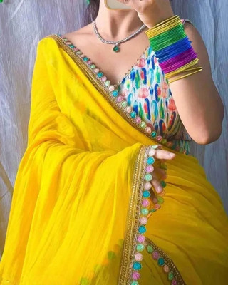 ShopGlobal Embellished, Solid/Plain Bollywood Georgette Saree(Yellow)