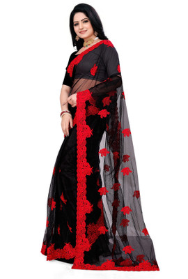 RMV Fashion Embroidered Bollywood Net Saree(Red, Black)