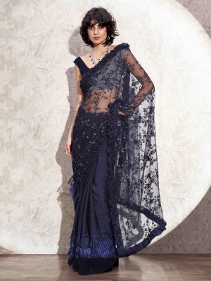 Tikhi Imli Embroidered Bollywood Crepe Saree(Dark Blue)