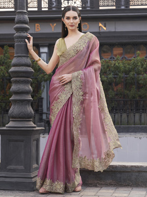 Tikhi Imli Embroidered Bollywood Chiffon Saree(Pink)