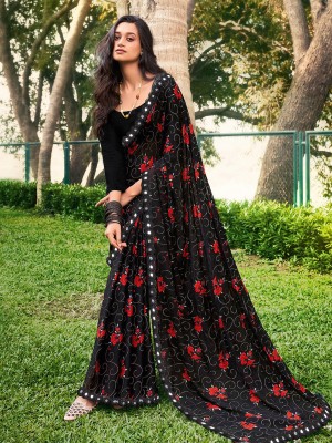 MEETVIN COUTURE Printed, Floral Print, Self Design, Digital Print Bollywood Chiffon, Georgette Saree(Black)