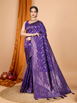 Yogik Creation Floral Print Banarasi Silk Blend Saree(Purple)