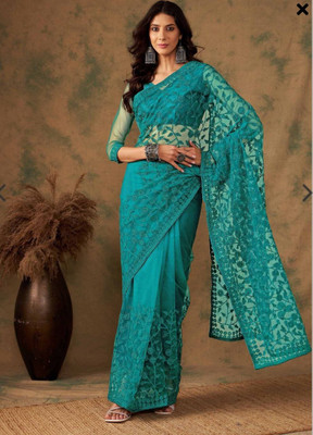 NIYANTAKSH Embroidered, Floral Print, Woven, Embellished Bollywood Net Saree(Green)