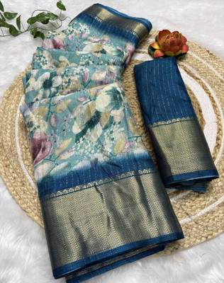 RegalDrapes Floral Print Bollywood Silk Blend, Art Silk Saree(Light Blue)