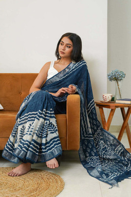 Soor Panchi Digital Print Pochampally Cotton Linen Saree(Blue)