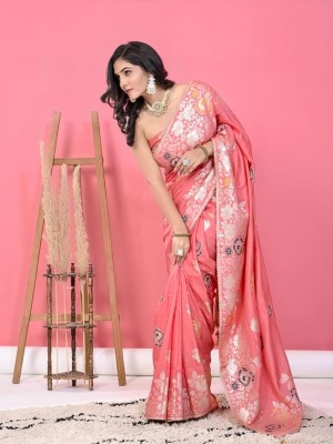 VASTRAM Printed Banarasi Silk Blend Saree(Pink)