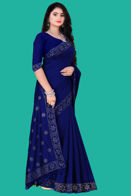 nevya creation Self Design Bollywood Georgette, Lace Saree(Blue)