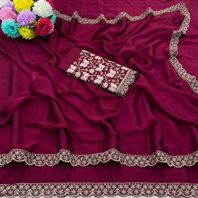 JIVI CLOTHING Self Design, Solid/Plain, Embroidered Bollywood Chiffon Saree(Maroon)