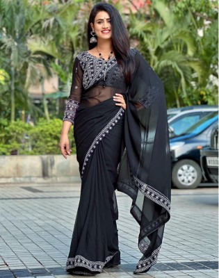 Satrani Embroidered, Embellished, Self Design Bollywood Georgette Saree(Black, White)