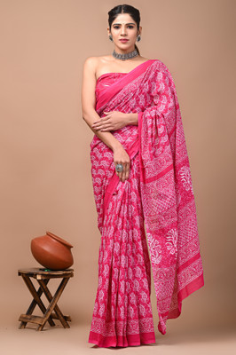 Threadier Blocked Printed Saree with Attached Blouse Pure Cotton Saree(Pink)