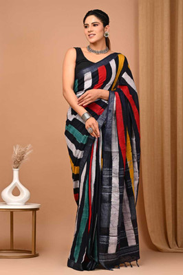 havya creation Printed Banarasi Linen Saree(Black)