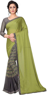 RAJESHWAR FASHION Printed, Self Design, Floral Print Bollywood Georgette Saree(Green, Grey)