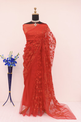 MADHAV Embroidered Bollywood Net Saree(Red)