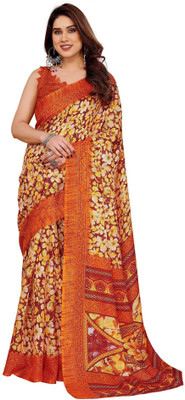 RAJESHWAR FASHION Floral Print Daily Wear Cotton Blend, Supernet Saree(Orange)