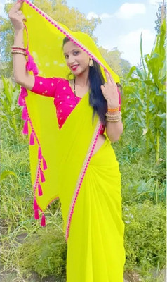 MANISHA D CREATION Solid/Plain Leheria Georgette Saree(Yellow)