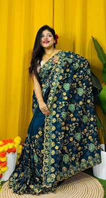 Dona Sharee Embroidered Bollywood Silk Blend Saree(Dark Blue)