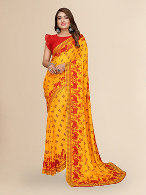 kashvi sarees Paisley, Animal Print Daily Wear Georgette Saree(Yellow, Red)