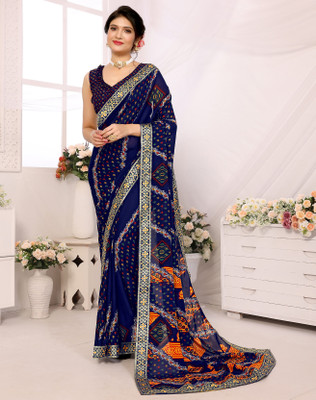 YASHIKA Printed, Digital Print Daily Wear Georgette, Lace Saree(Blue)