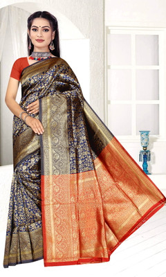 NENCY FASHION Woven Kanjivaram Silk Blend Saree(Dark Blue, Red)