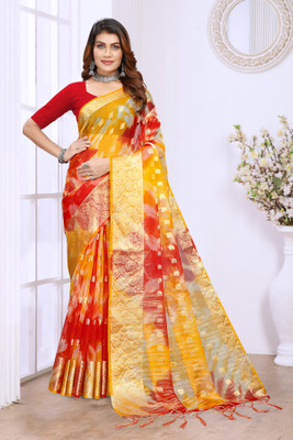 KOTHARI SBT Printed Bandhani Organza Saree(Red, Gold)