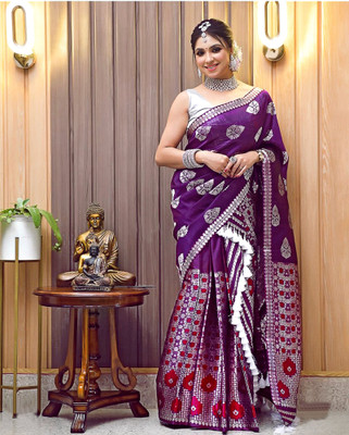 VM Selling Hub Printed Mekhela Chador Silk Blend Saree(Purple)