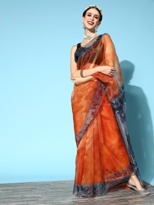 Kimisha Floral Print Bollywood Organza Saree(Orange)