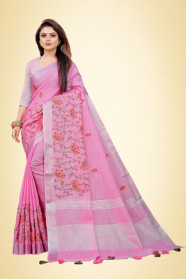 ALAGINI Embroidered Bollywood Cotton Linen Saree(Pink)