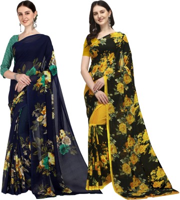 Anand Sarees Printed Daily Wear Georgette Saree(Pack of 2, Dark Blue, Yellow)