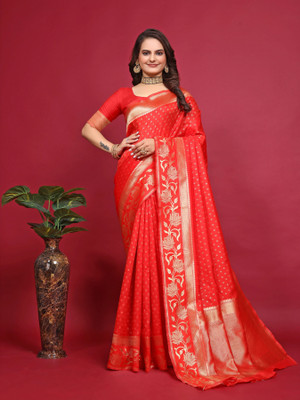 Omsaiarts Woven Kasavu Silk Blend Saree(Red)