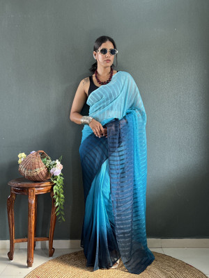 PANZORA Striped Maheshwari Georgette Saree(Light Blue)