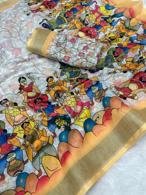 rudraCreation Digital Print Kalamkari Cotton Linen Saree(Cream, Multicolor)