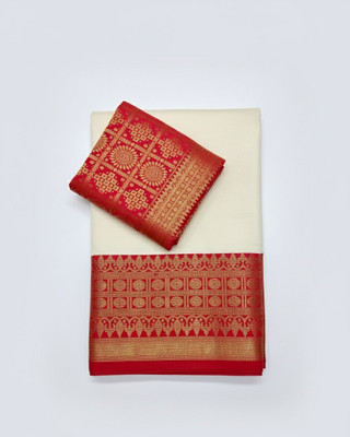 Arzoo kala textiles Woven, Self Design, Temple Border Banarasi Cotton Silk Saree(Pack of 2, Cream, Red)