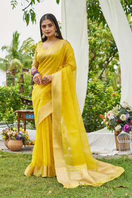Anitya Self Design Maheshwari Cotton Linen Saree(Yellow)