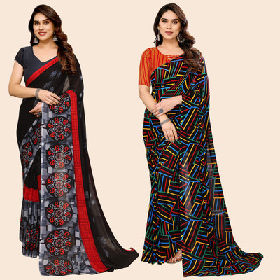 kashvi sarees Self Design, Printed Daily Wear Georgette Saree(Pack of 2, Black, Grey, Multicolor)