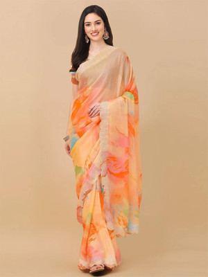 ROOP SUNDARI SAREES Color Block, Printed Bollywood Chiffon Saree(Orange, Multicolor)