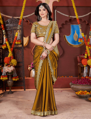Vivan Fab Embroidered Banarasi Pure Silk, Art Silk Saree(Mustard)