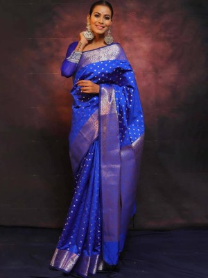 HANSIKA FASHION Floral Print Banarasi Silk Blend Saree(Blue)