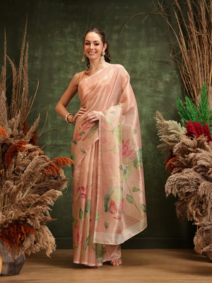 SILK ZONE Digital Print Banarasi Tissue Saree(Orange)