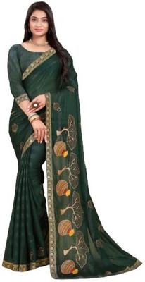 Anugrah Textile Solid/Plain Banarasi Lycra Blend, Chiffon Saree(Green)