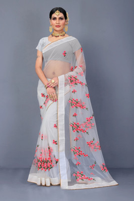 PATLANI STYLE Embroidered Bollywood Net Saree(White)