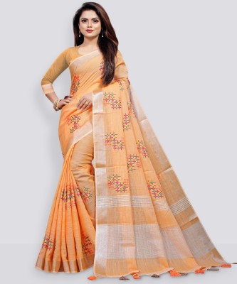 ALAGINI Embroidered, Floral Print Bollywood Cotton Linen, Pure Cotton Saree(Orange)
