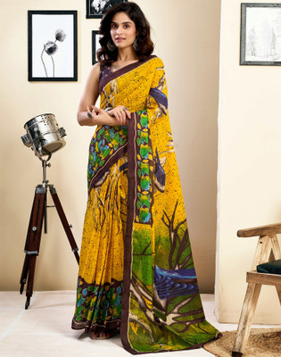 Satrani Floral Print, Geometric Print, Printed Daily Wear Pure Cotton Saree(Yellow, Green, Multicolor)