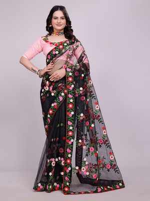 FONSIMO Embroidered Bollywood Net Saree(Black)