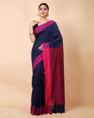 Raees Ethnic Solid/Plain Handloom Pure Cotton Saree(Dark Blue)